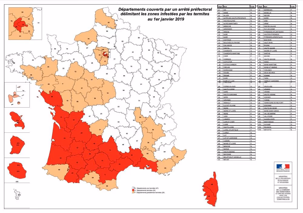 Carte des départements couverts par un arrêté préfectoral concernant les invasions de termites 
