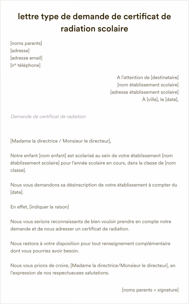 Lettre de demande de certificat de radiation