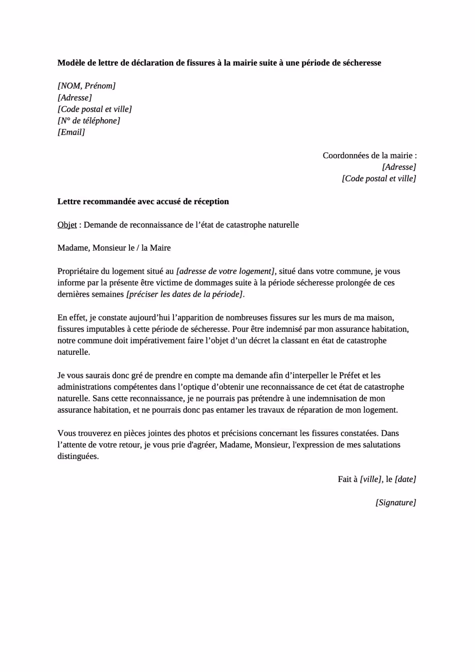 Modèle de lettre de déclaration