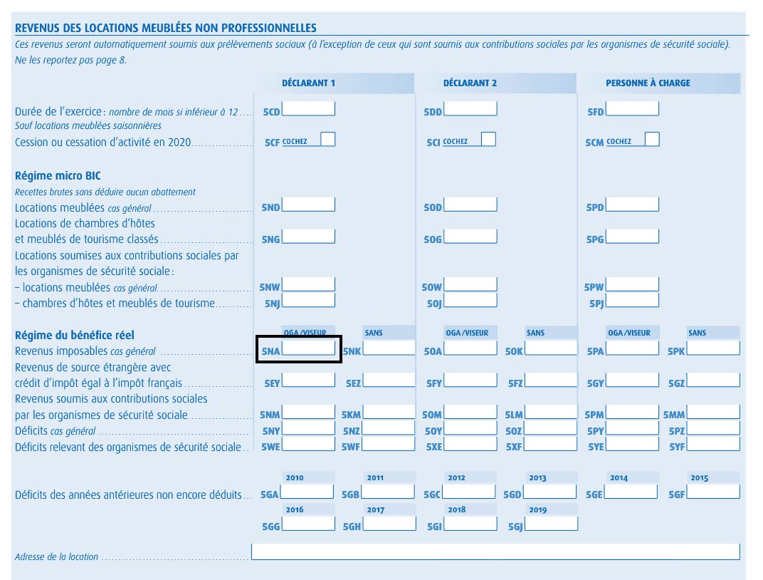 Declaration revenus lmnp case 5NA