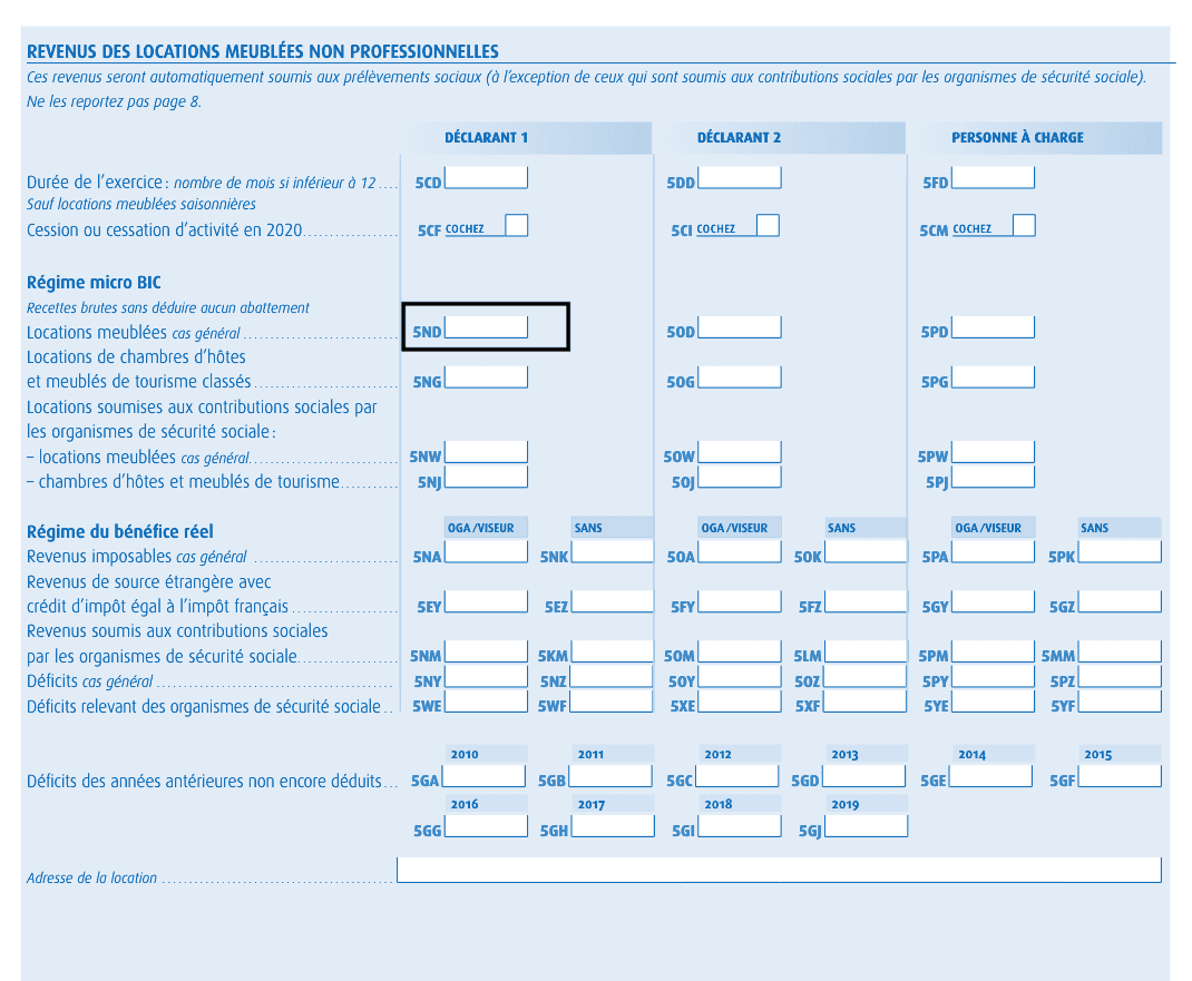 Declaration revenus lmnp case 5ND