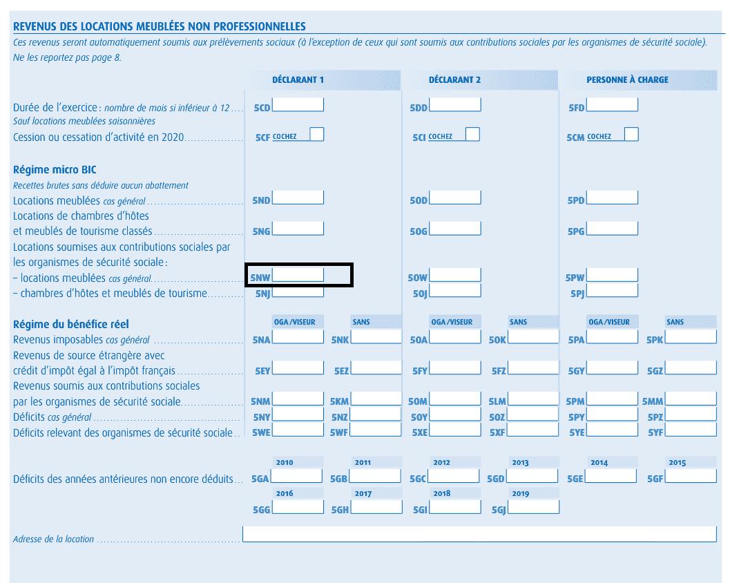 Declaration revenus lmnp case 5NW