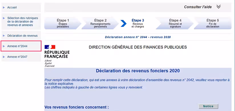 Catégories dans le formulaire 2044