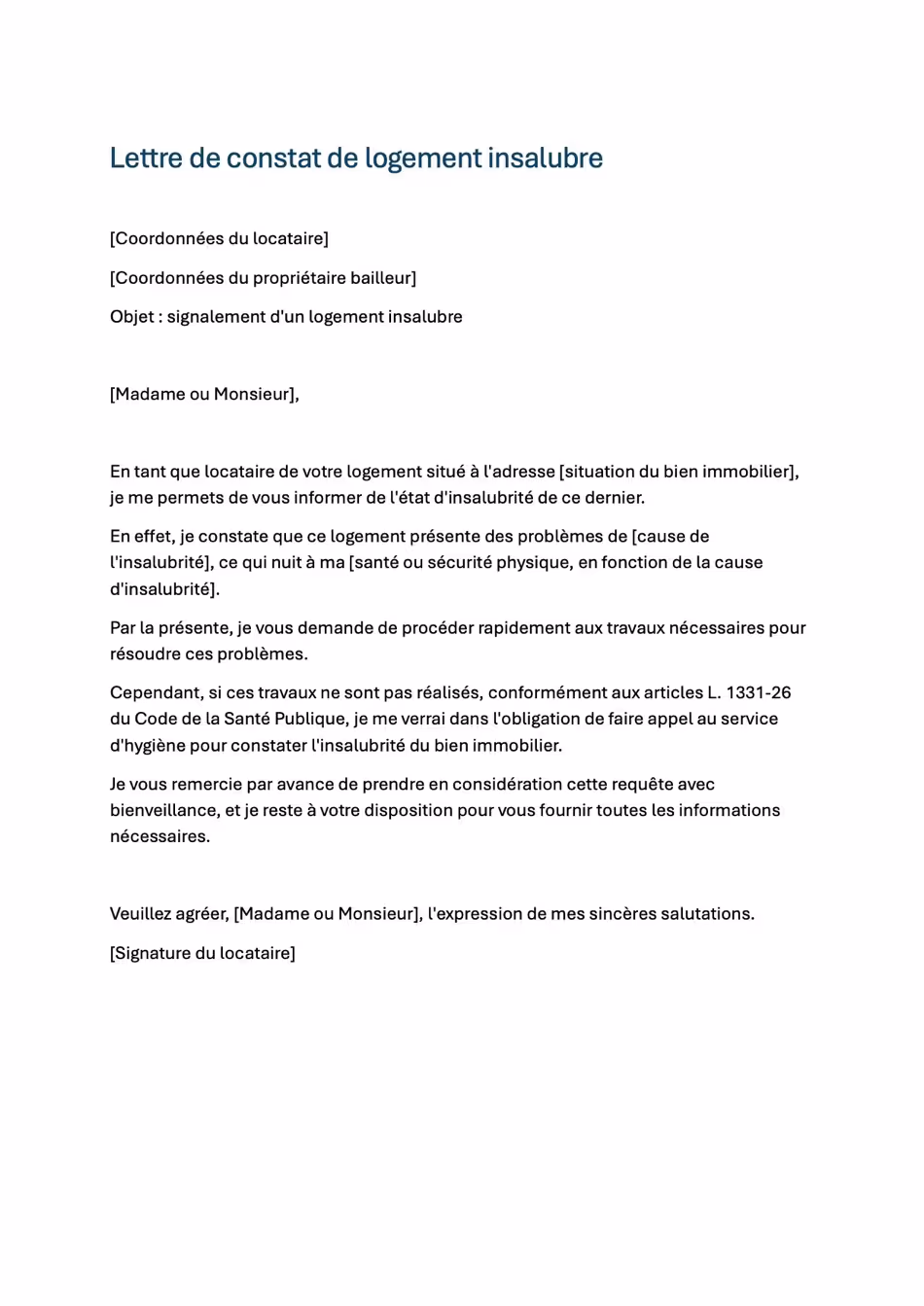 Lettre constat logement insalubre