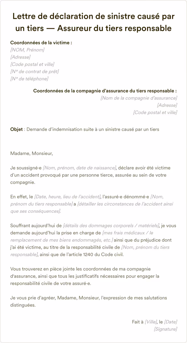 Modèle de lettre à l'assureur pour un sinistre causé par un tiers