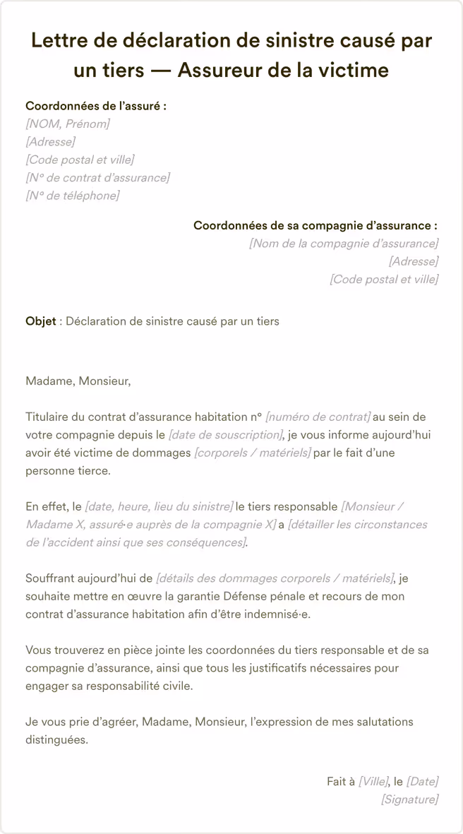 Modèle de lettre de déclaration de sinistre causé par un tiers