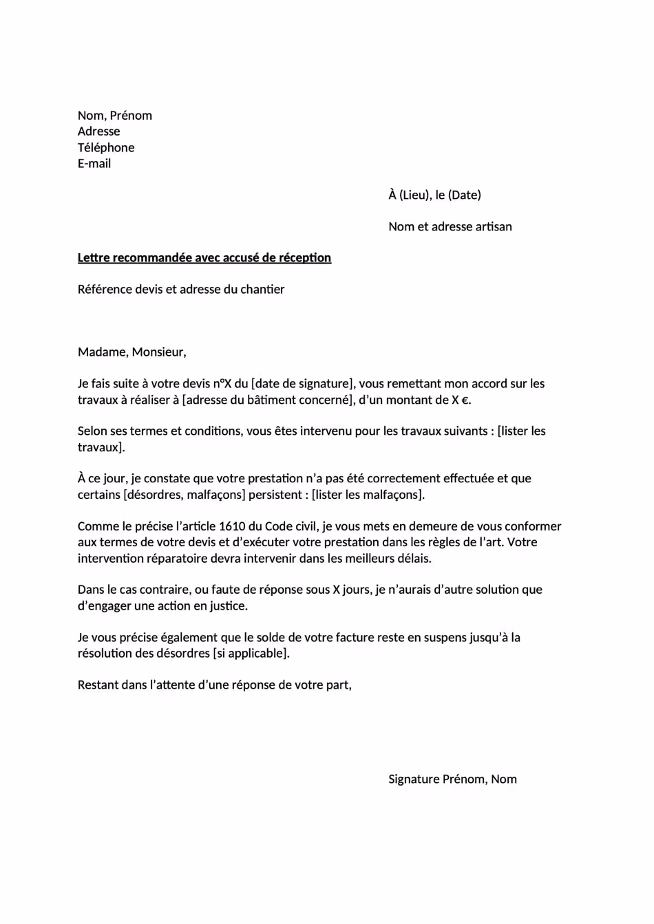 Modèle lettre réclamation pour malfaçons