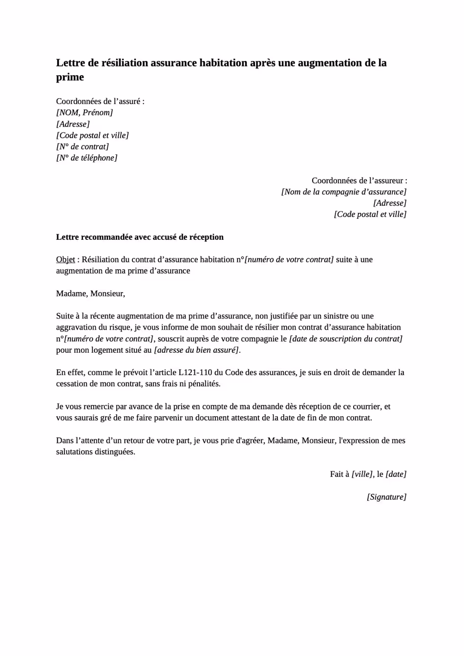 Modèle de lettre de résiliation de contrat d'assurance habitation suite à une augmentation de tarif