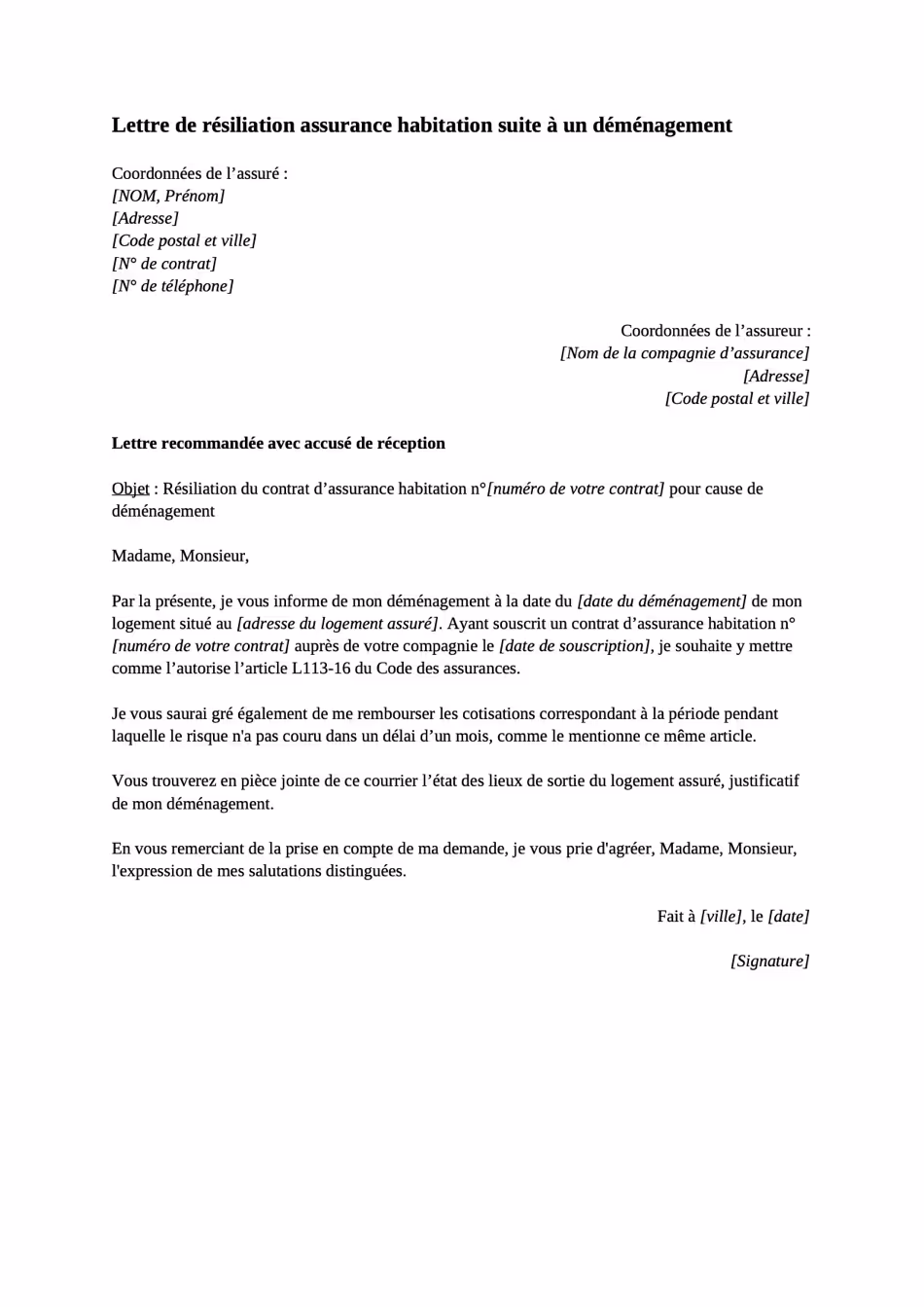 Modèle de lettre de résiliation d'une assurance habitation à la suite d’un déménagement