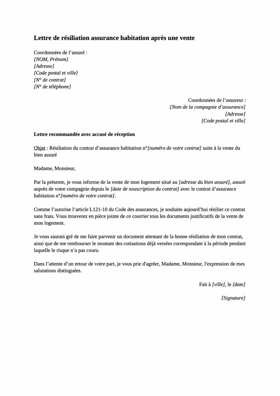 Modèle de lettre de résiliation de l'assurance habitation pour cause de vente du bien assuré