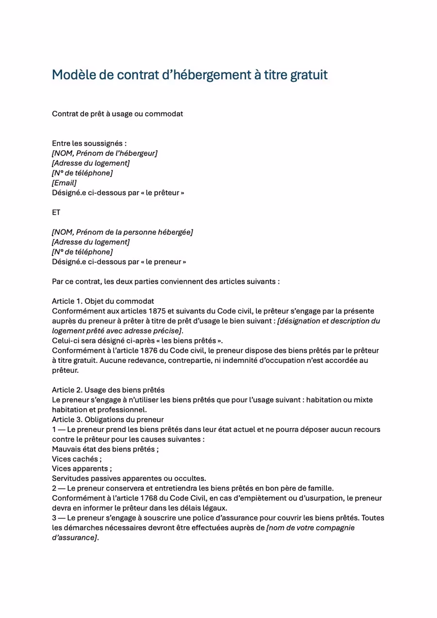 Modèle de contrat d’hébergement à titre gratuit