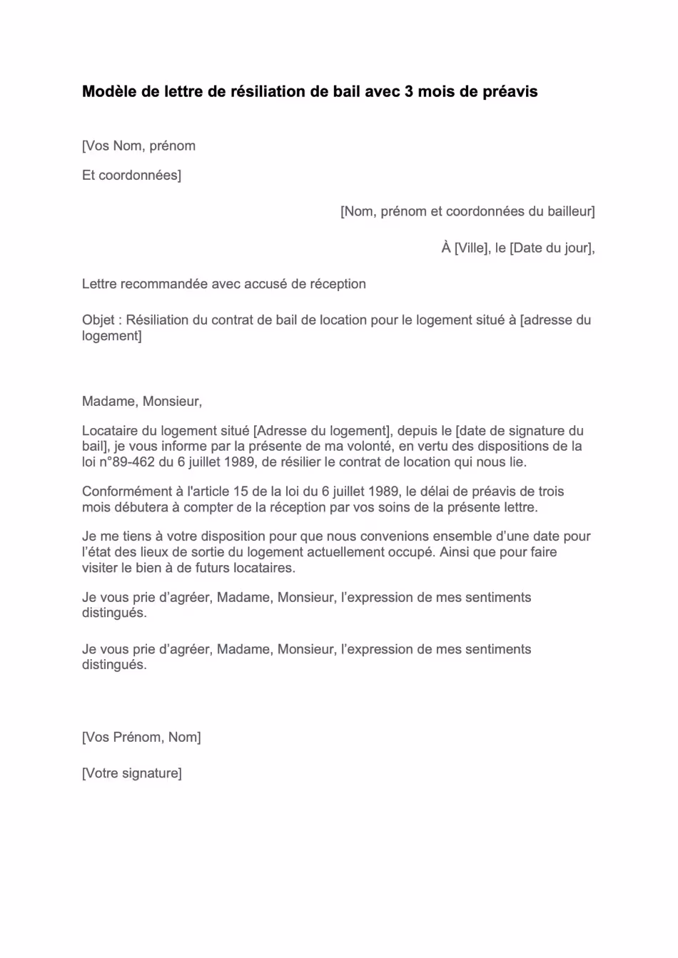 Modèle de lettre de résiliation de bail avec 3 mois de préavis