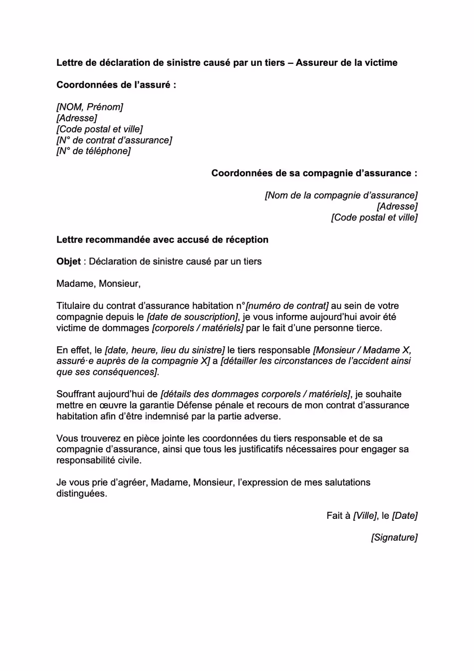 Modèle de lettre de sinistre causé à un tiers