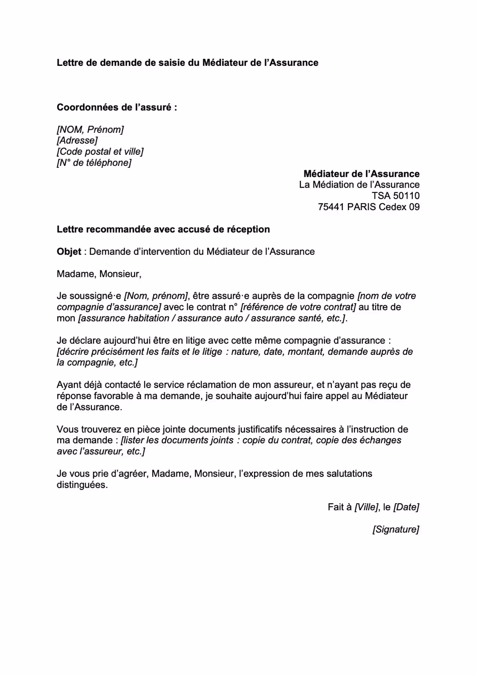 Lettre de demande de saisie du Médiateur de l’Assurance