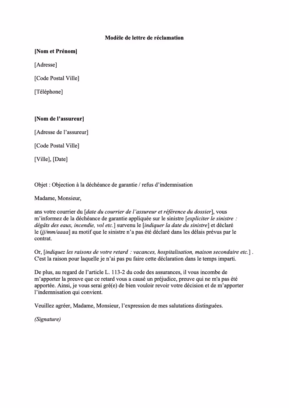 Modèle de lettre de réclamation