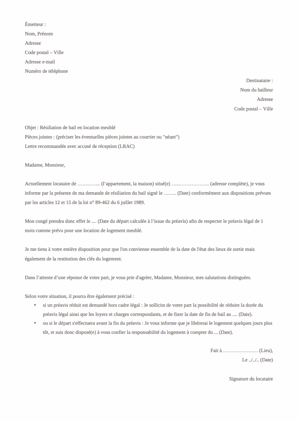 Modèle de lettre de résiliation de bail meublé