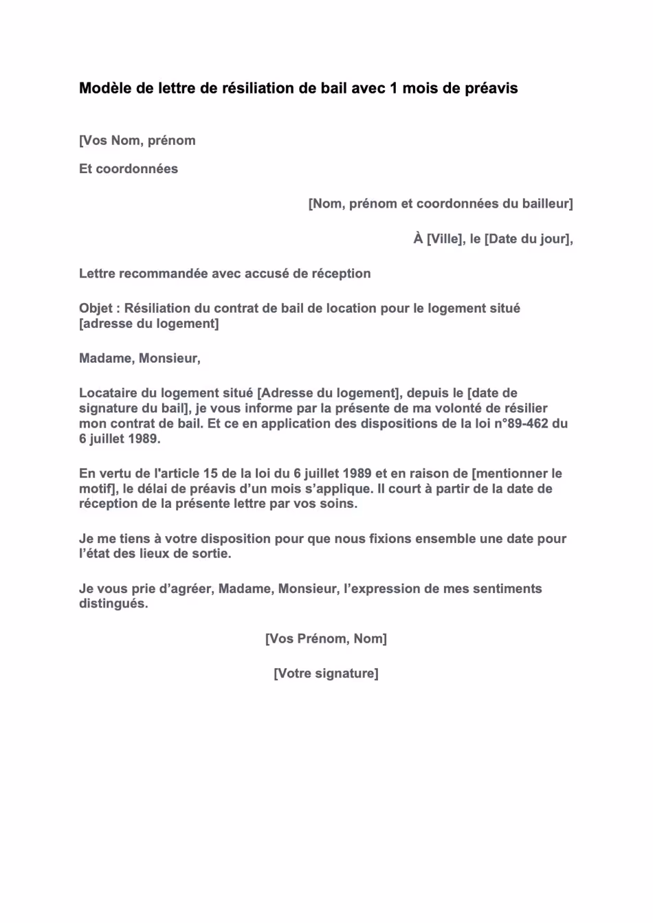 Modèle de lettre de résiliation de bail avec 1 mois de préavis