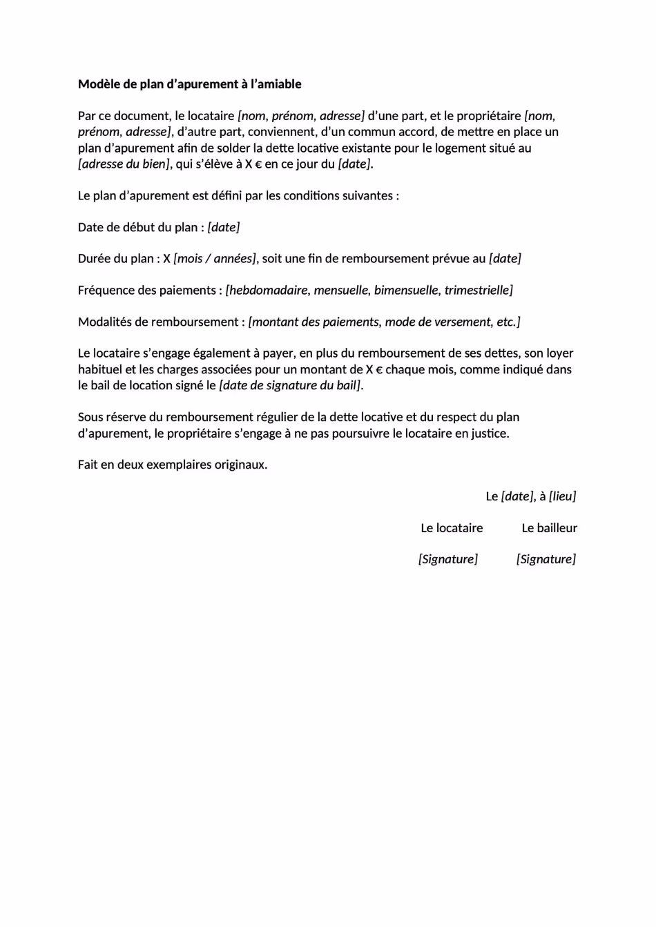 Modèle de plan d'apurement à l'amiable