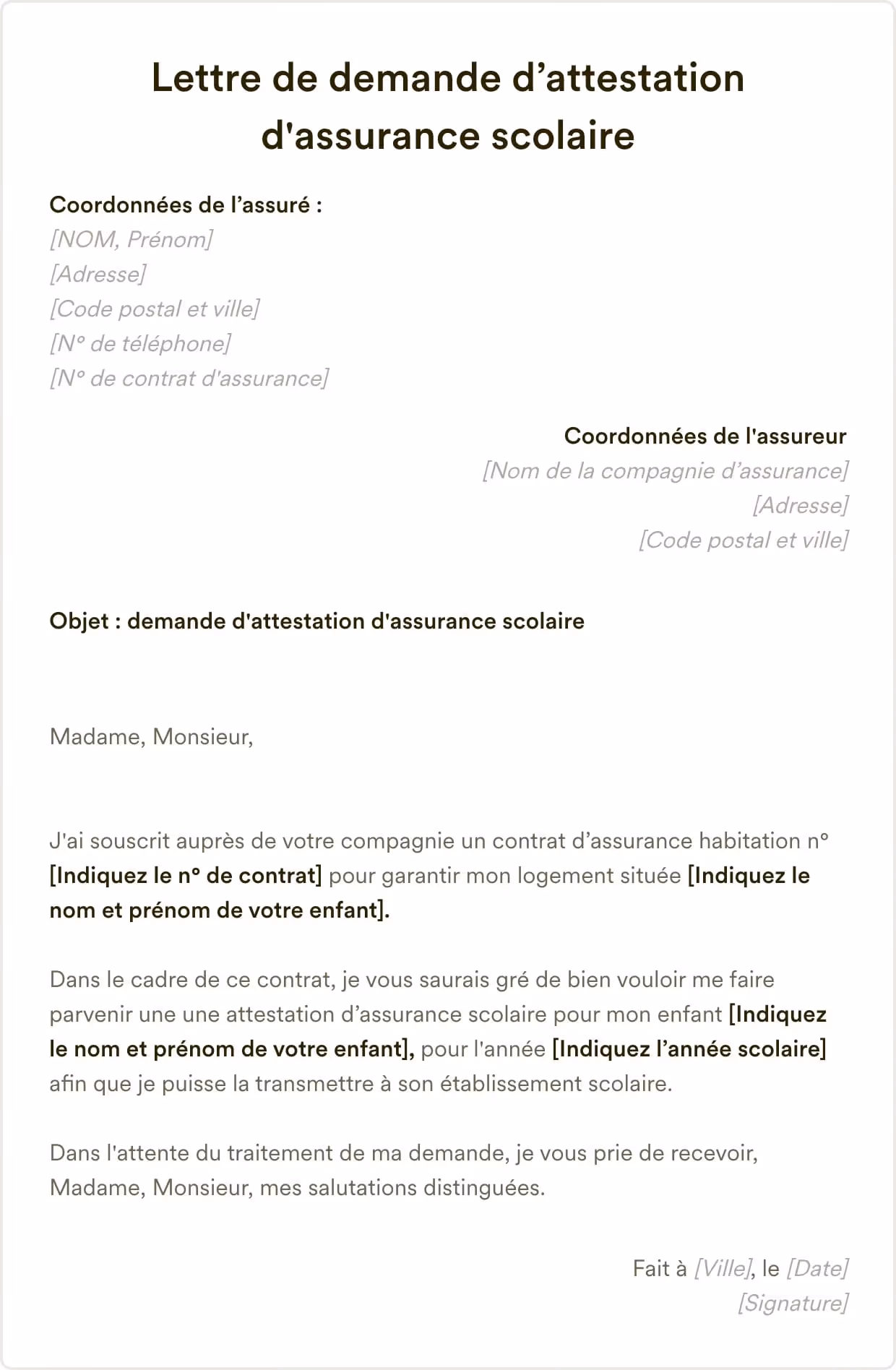 Modèle de lettre de demande d'attestation d'assurance scolaire